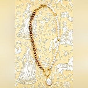Yellow Opaline Glass & Natural Pearls In Assymetrical GP Necklace W/  Pearl Coin